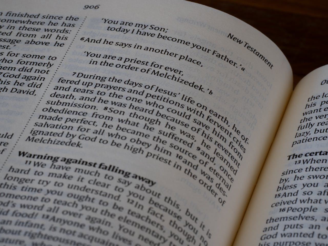 Detailed close-up of a Bible page from the New Testament highlighting scripture and themes of Christianity.